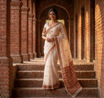 Hand embroidered off white Phulkari saree for women featuring traditional Punjabi embroidery and artisanal craftsmanship.