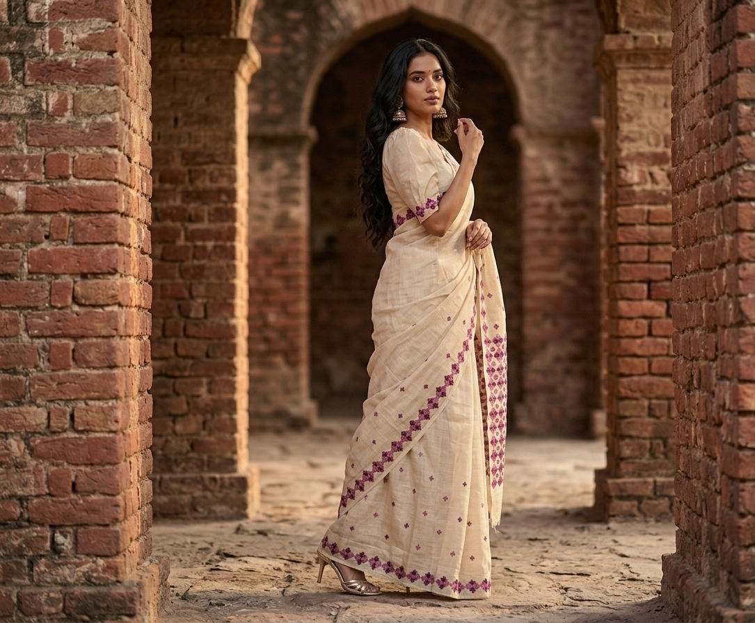 Hand embroidered off-white Punjabi Phulkari saree for women featuring traditional geometric embroidery and heritage craftsmanship.