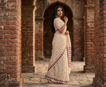 Hand embroidered off-white Punjabi Phulkari saree for women featuring traditional geometric embroidery and heritage craftsmanship.