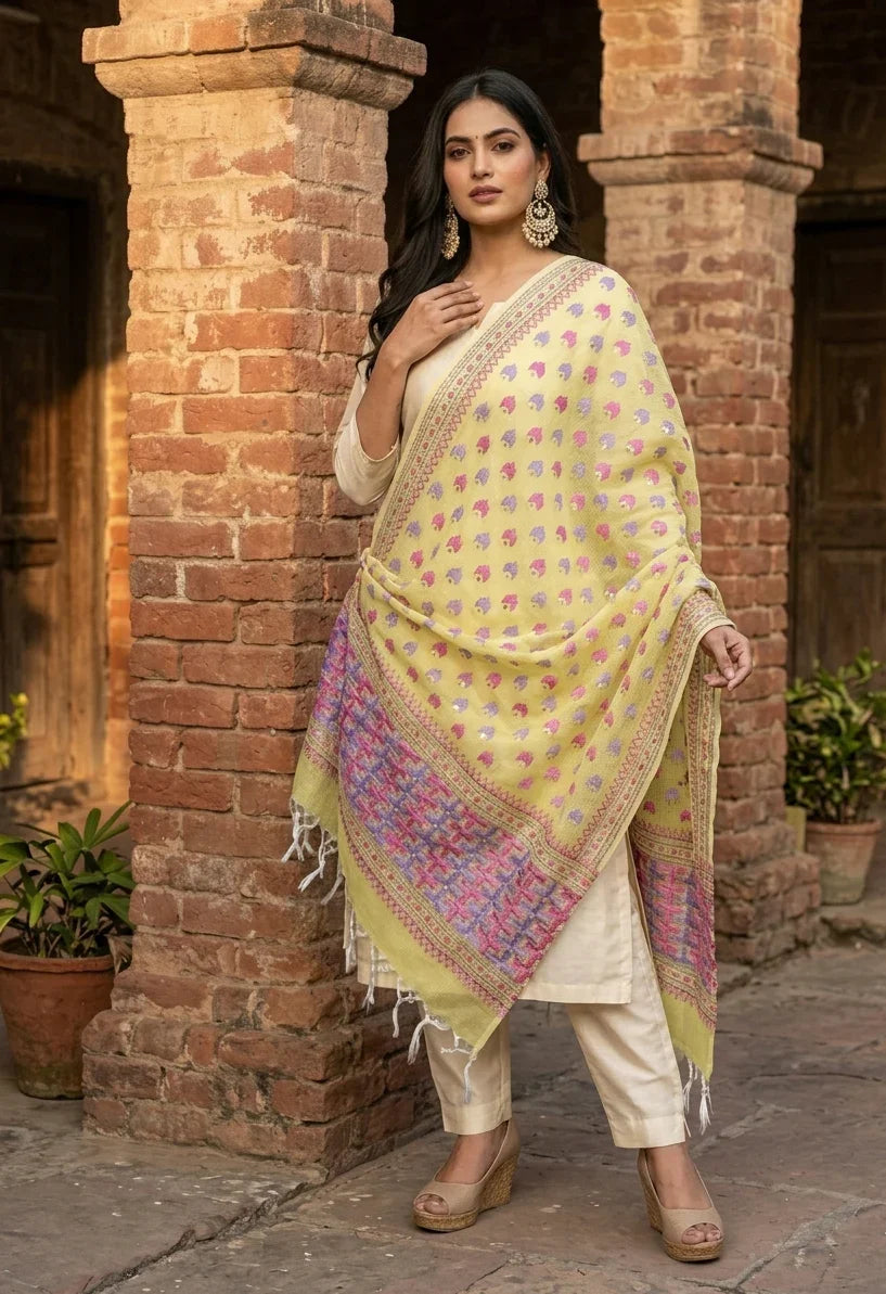 Phulkari Dupatta – Hand Embroidered Lemon Yellow Dupatta | The Amritsar Store - The Amritsar Store