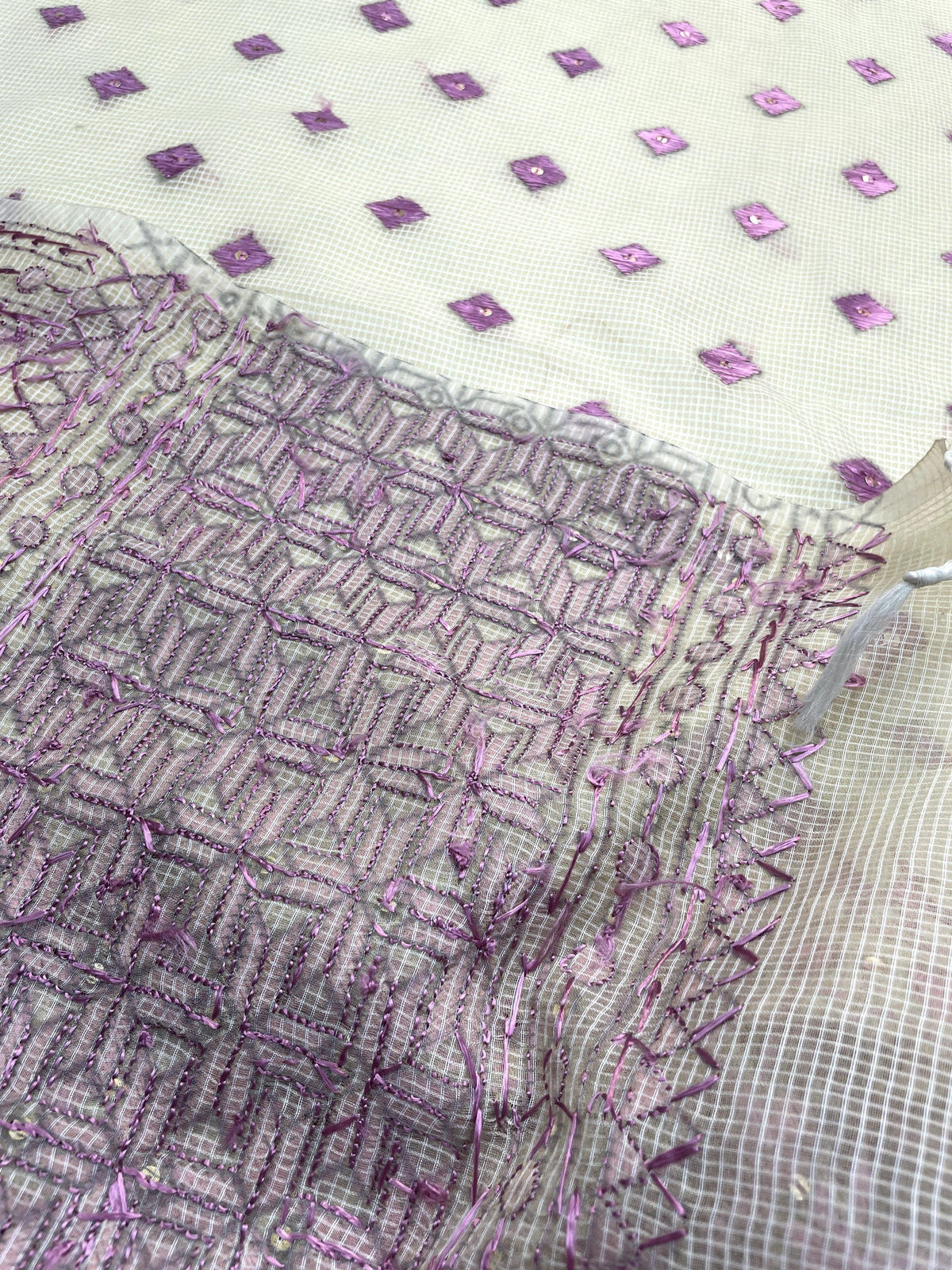 Phulkari Dupatta – Hand Embroidered Off White with Purple Embroidery | The Amritsar Store - The Amritsar Store