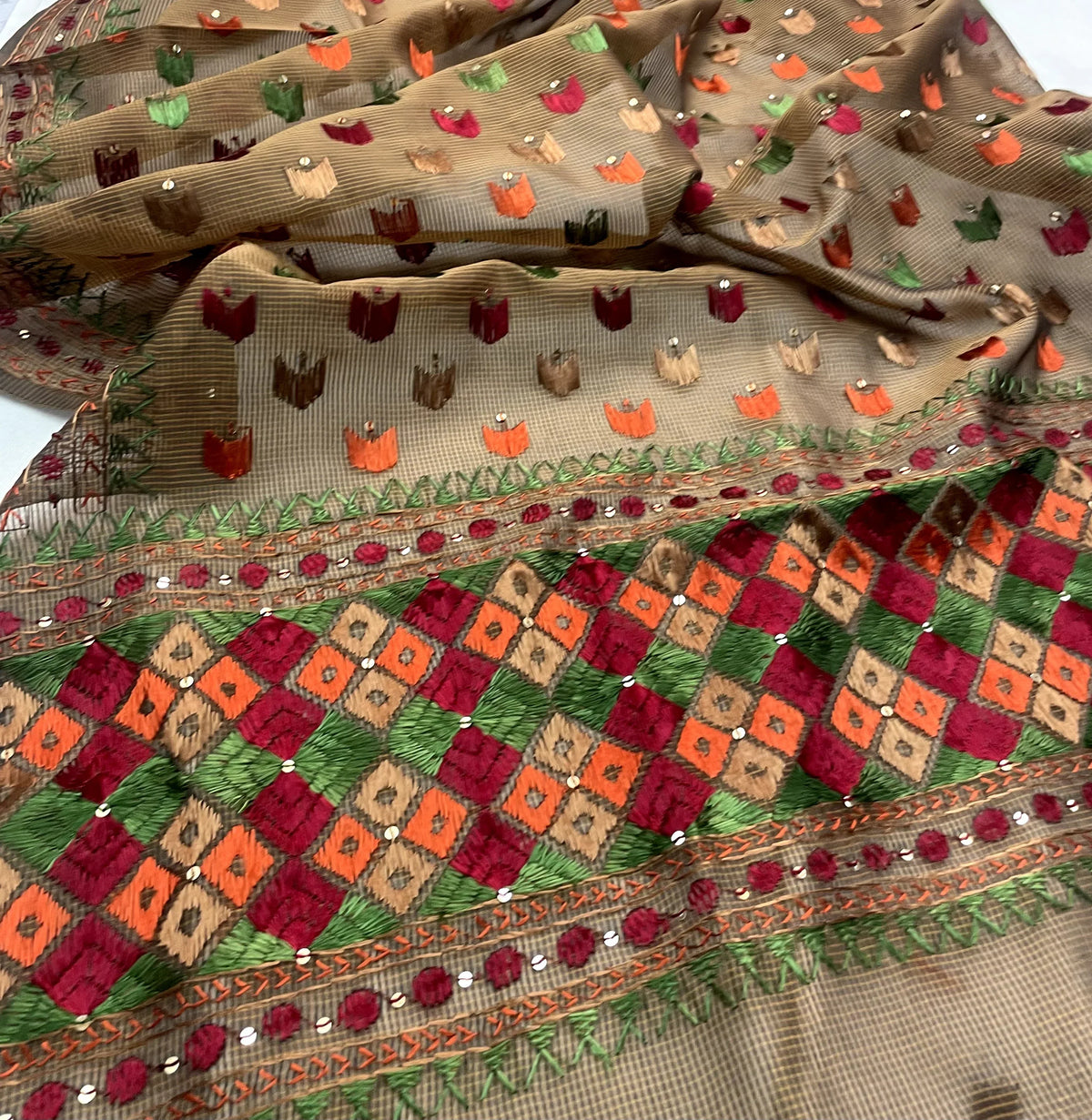 Phulkari Dupatta – Hand Embroidered Brown Dupatta for Women | The Amritsar Store - The Amritsar Store