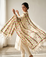Hand embroidered off white Kota Doria phulkari dupatta for women featuring delicate floral embroidery, lightweight ethnic wrap for traditional and festive wear.