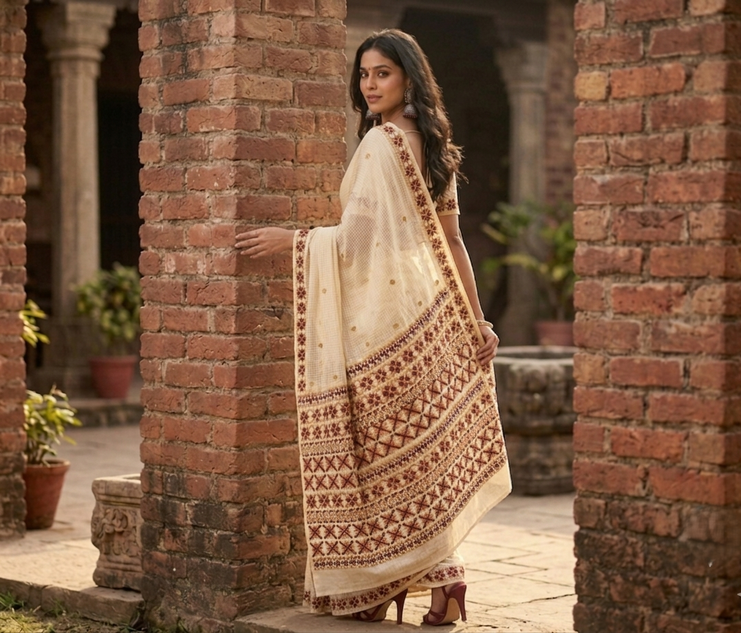 Hand embroidered off-white Phulkari saree for women with traditional Punjabi embroidery