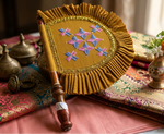 Handcrafted Phulkari hand fan pankhi with vibrant red base and multicolor floral embroidery by The Amritsar Store, showcasing traditional Punjabi artistry