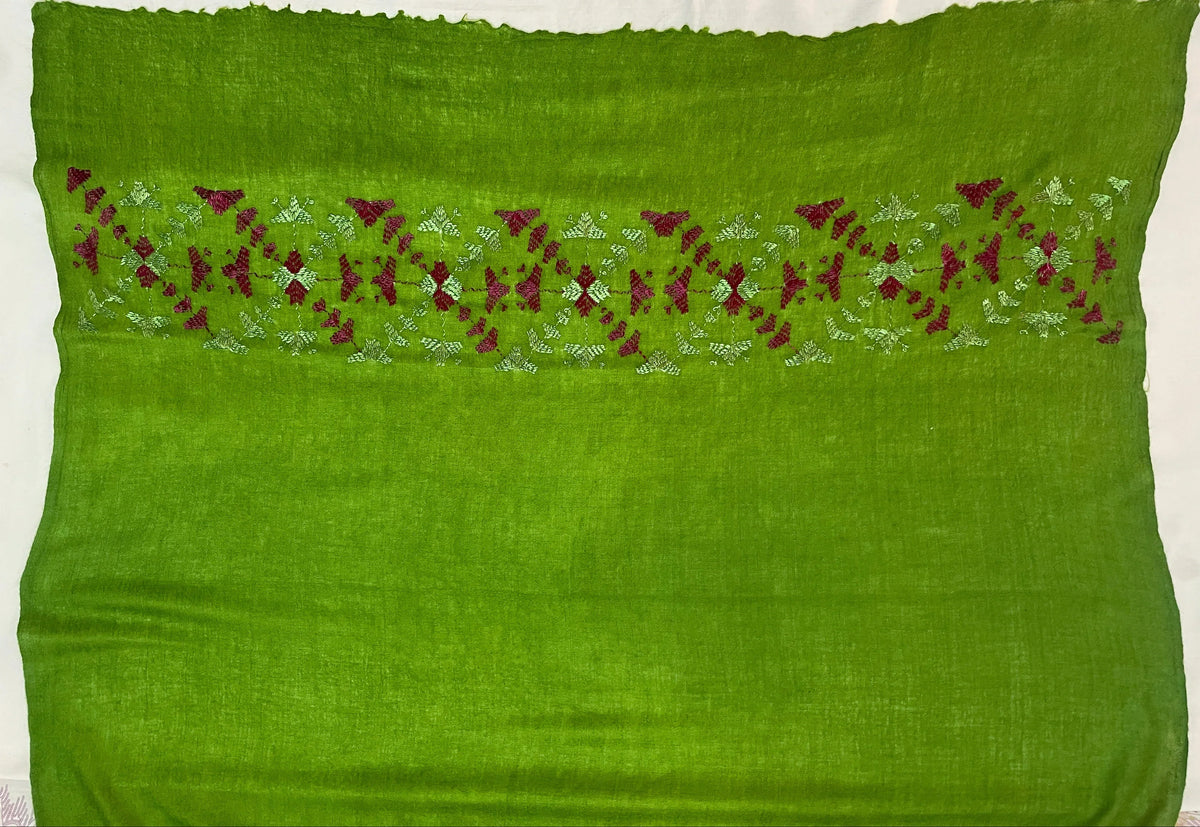 The Amritsar Store Phulkari Hand Embroidered Shawl in green with Magenta Border - The Amritsar Store