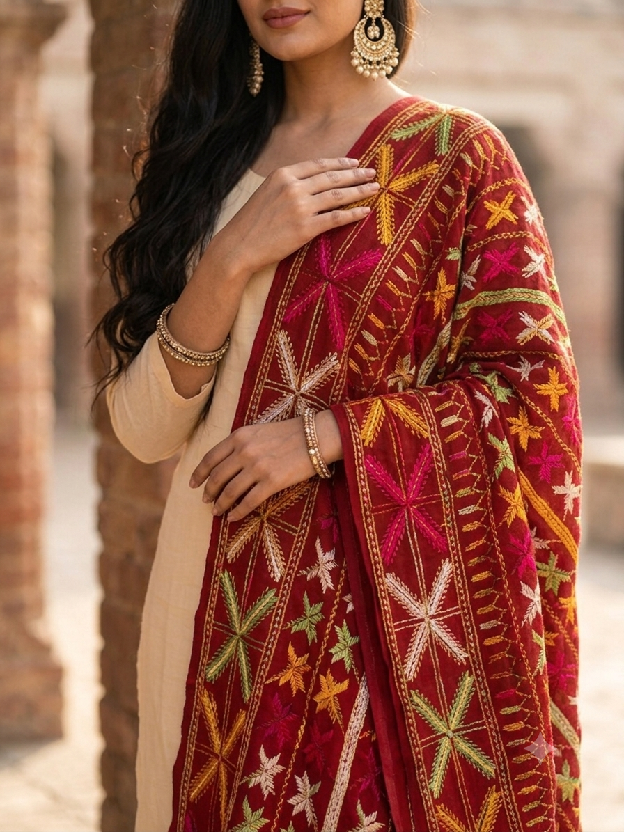 Multicolor Punjabi embroidered Phulkari Bagh dupatta for women by The Amritsar Store with traditional handcrafted ethnic embroidery