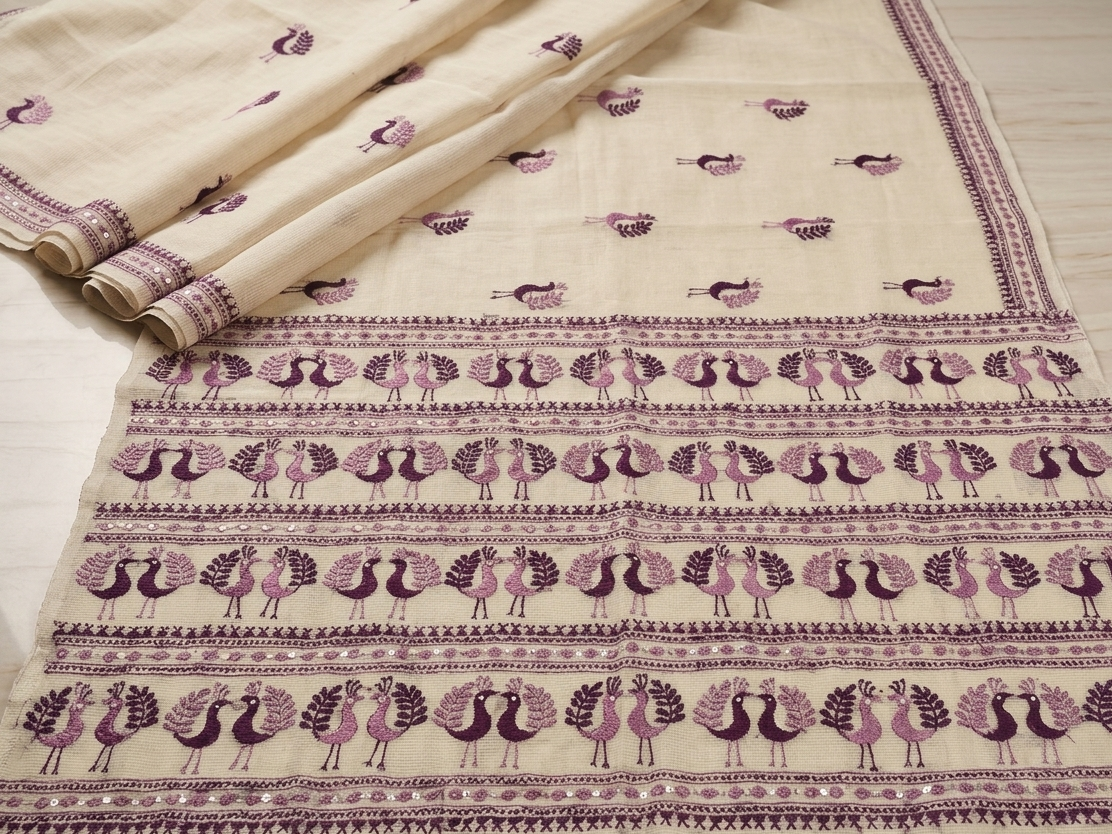 Hand embroidered off white Phulkari saree with colorful peacock motif and traditional Punjabi embroidery by The Amritsar Store