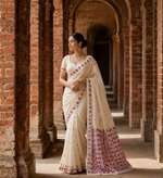 Hand embroidered off white Punjabi Phulkari saree with traditional multicolor Phulkari embroidery