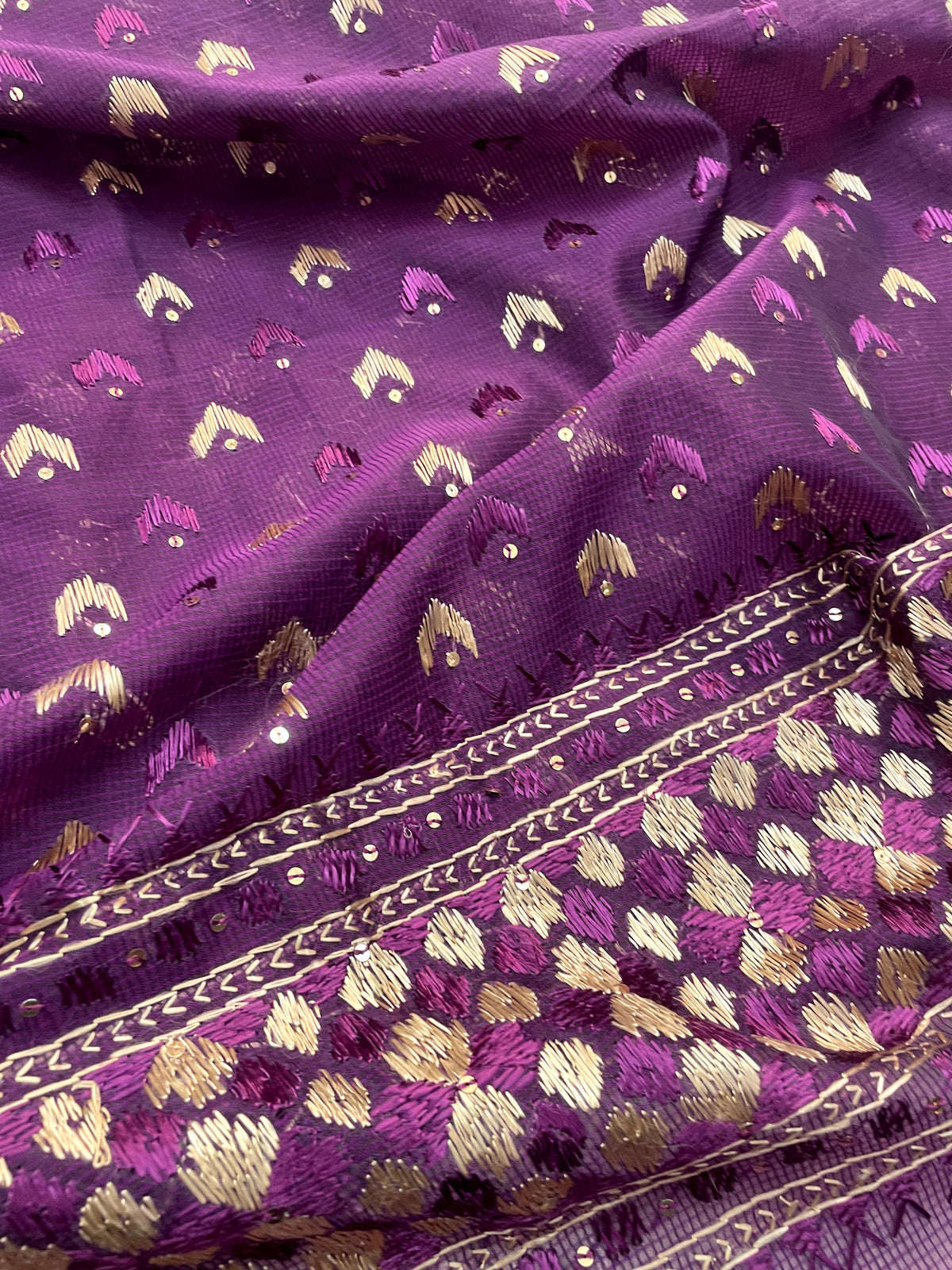 Hand embroidered purple Phulkari dupatta for women with traditional Punjabi embroidery, elegant ethnic wrap featuring detailed artisan threadwork by The Amritsar Store