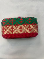 The Amritsar Store Handmade Red Clutch Bag with Green Floral Embroidery – Traditional Ethnic Handcrafted Evening Purse