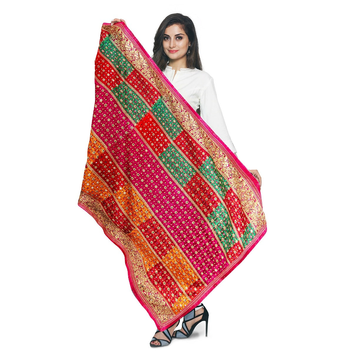 Phulkari Dupatta For Wedding Amritsar Handmade Embroidery Traditional Colorful Dupatta With Tassels Mangeta Color 2.15 Mtr x 1.00 Mtr - The Amritsar Store
