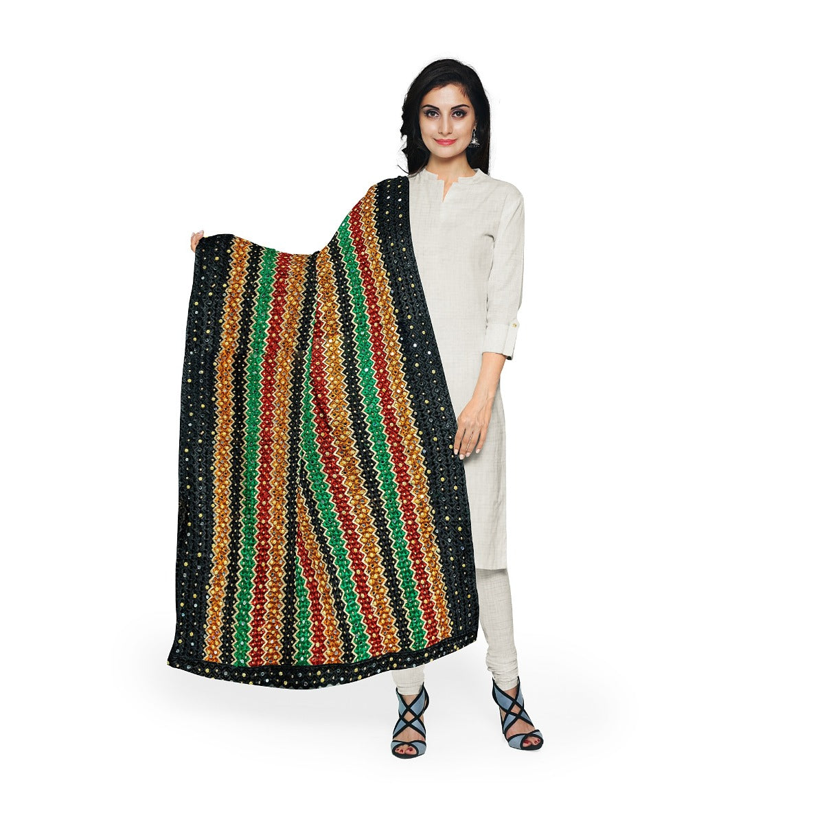 Phulkari Dupatta Amritsar Traditional Dupatta For Women Punjabi Handmade Dupatta in Black with Intricate Embroidery & Cut Work 2.45 Mtr x 0.90 Mtr - The Amritsar Store