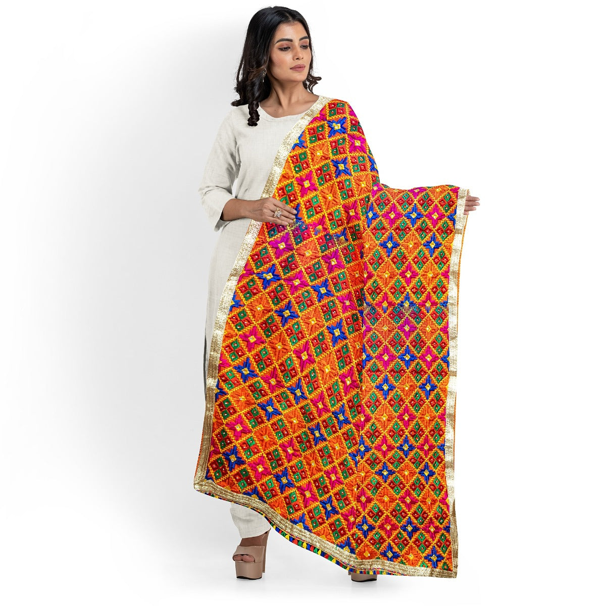 Phulkari Dupatta Handmade Orange Colour with Exquisite Heavy Embroidery Design For Wedding With Gotta 2.20 Mtr x 0.97 Mtr - The Amritsar Store