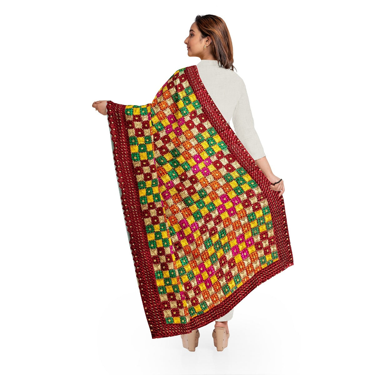 Phulkari Dupatta in Gorgeous Maroon With Multicolour Authentic Hand Embroidery With Tassels & Cut Work 2.25 Mtr x 0.92 Mtr - The Amritsar Store