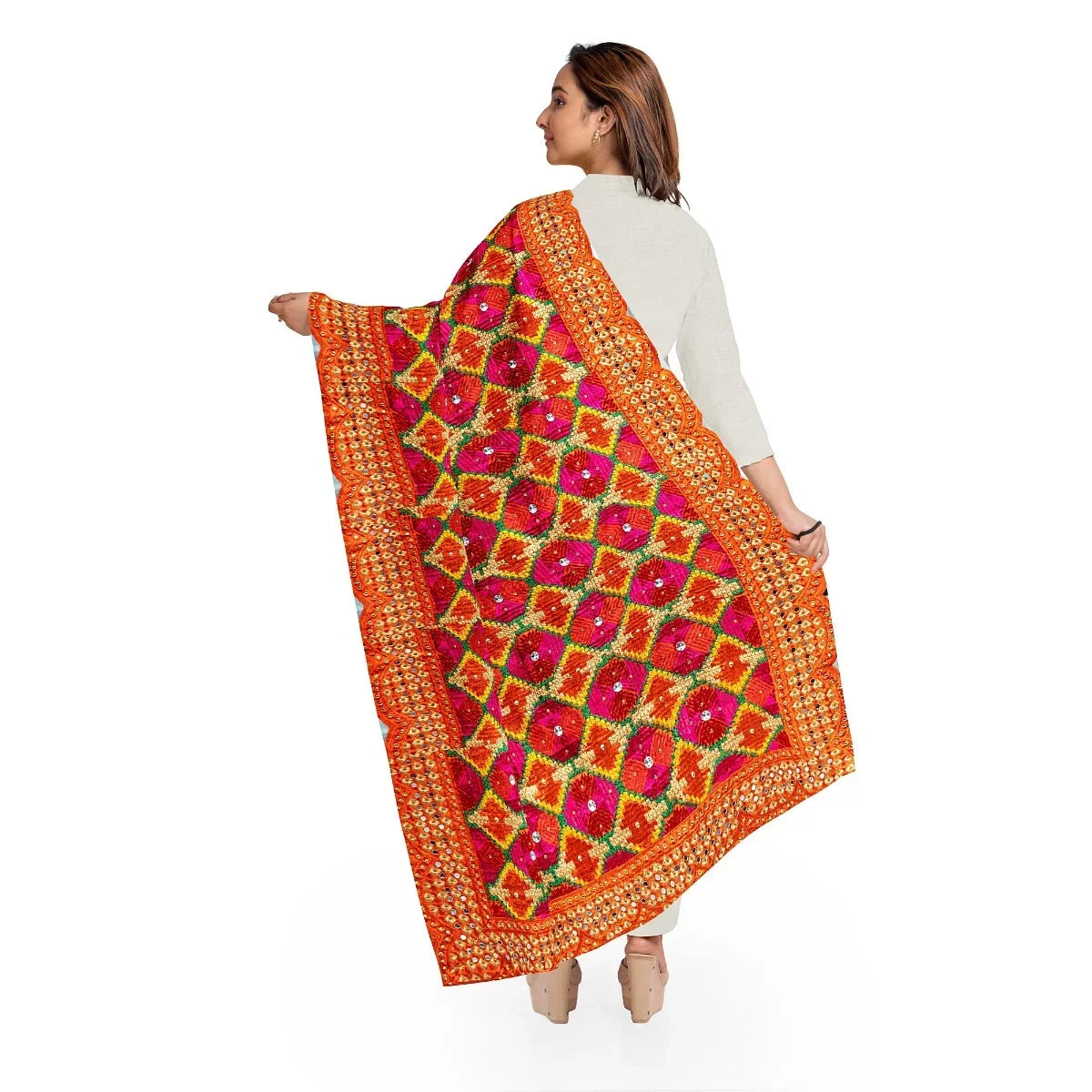 Phulkari Dupatta in Orange Color with Punjabi Traditional Hand Embroidery Cut Work & Stone Work 2.25 Mtr x 0.95 Mtr - The Amritsar Store