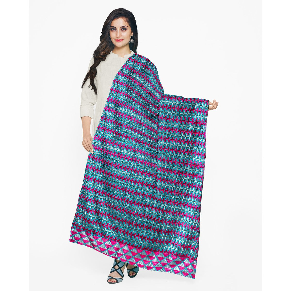 Phulkari Dupatta in Turquoise Green With Bagh Hand Embroidery in Punjabi Traditional Floral Motifs 2.45 Mtr x 0.88 Mtr - The Amritsar Store