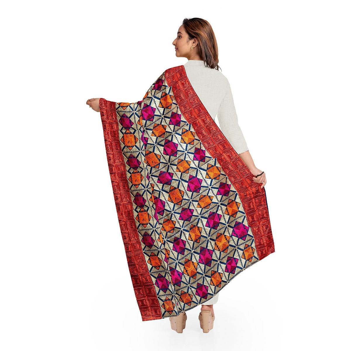 Phulkari Dupatta With Vibrant Multicolored Punjabi Bagh Hand Embroidered Navy Blue Colour Dupatta For Wedding 2.20 Mtr x 0.93 Mtr - The Amritsar Store