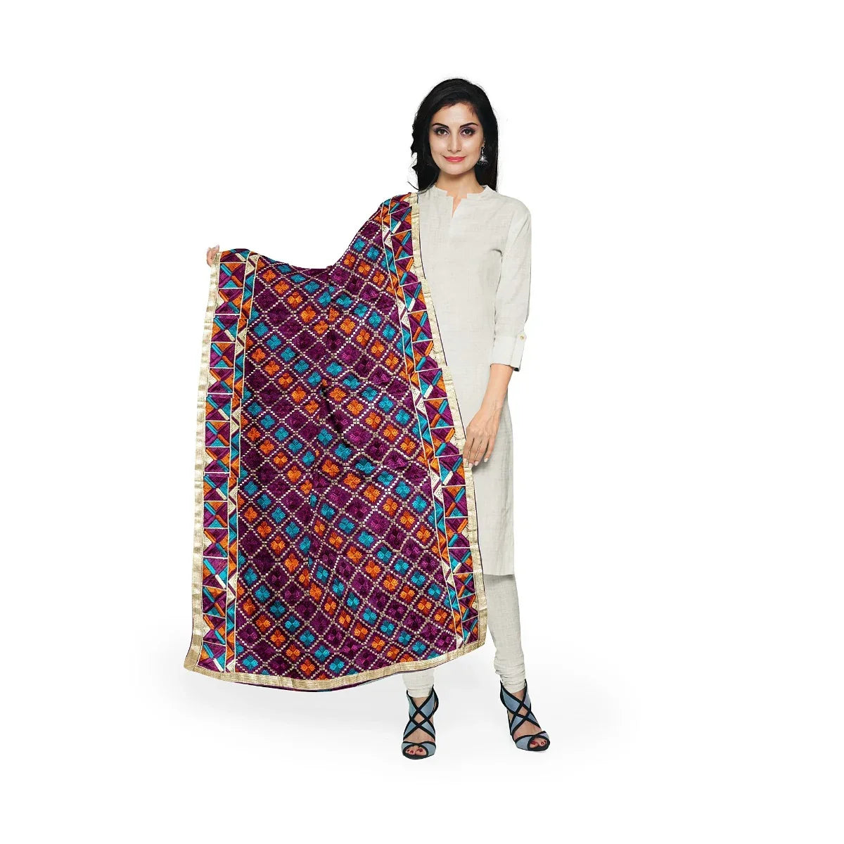 Phulkari Dupatta in Wine Colored With Traditional Multicolor Hand Embroidery With Four Side Gotta 2.25 Mtr x 0.98 Mtr - The Amritsar Store
