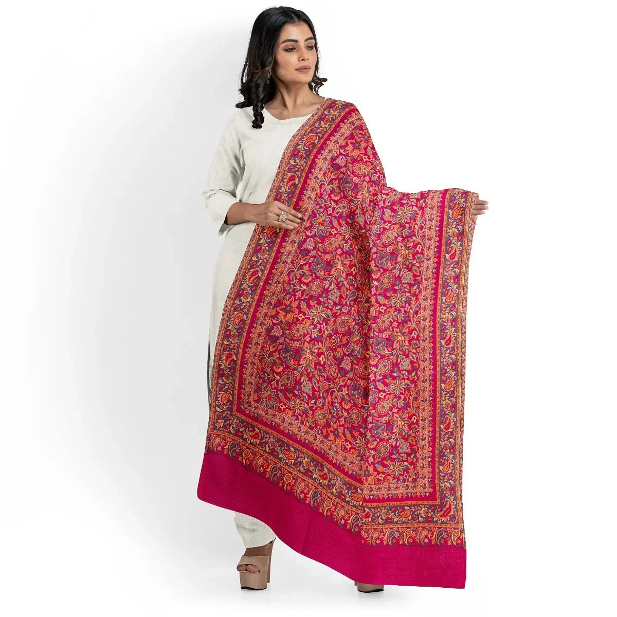 Women's Kani Shawl, Magenta Shawl, Faux Warm Pashmina Women Shawl, Woven Jacquard Design with Woven Kashmiri Paisleys Shawl For Women With Size 2.05 x 1.05 - The Amritsar Store
