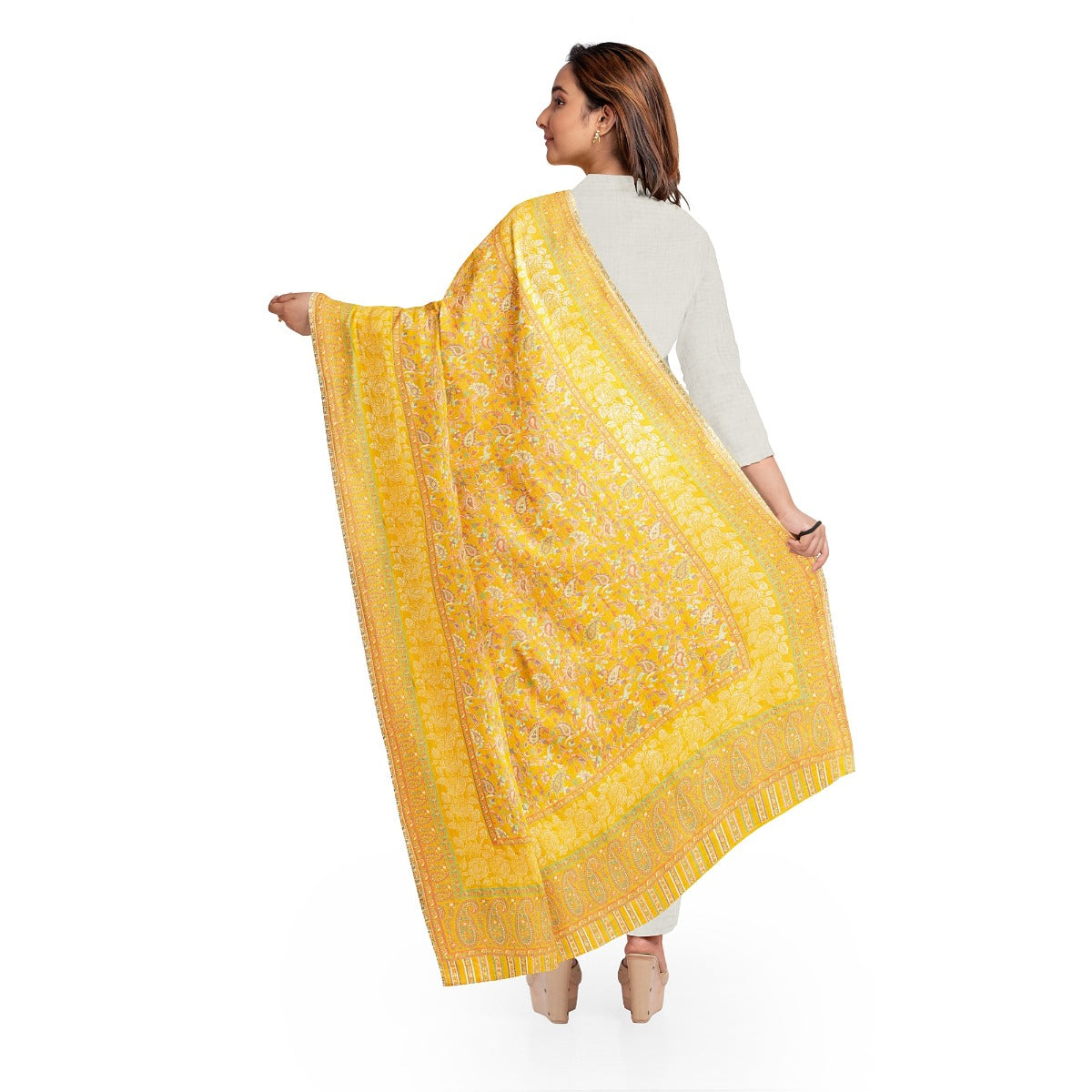 Womens Kani Zari Shawl, Mustard, Kashmiri Paisley Shawl for Women Bamboo Silk Blended Large Wrap Full Size, Traditional Weave, Soft and Warm, Perfect Gift For Loved Ones - The Amritsar Store