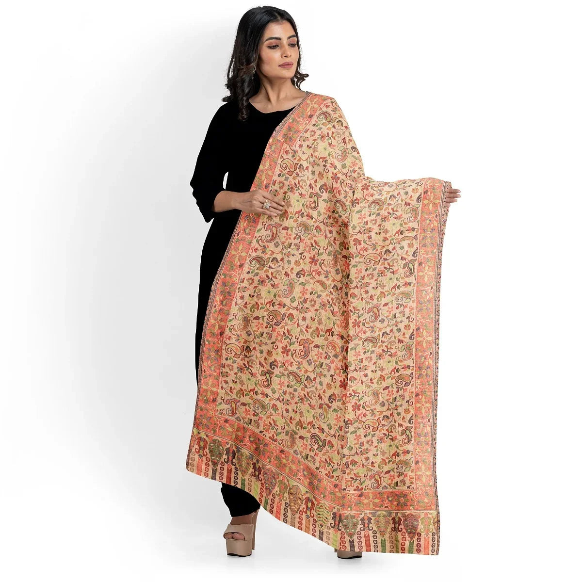 Womens Kani Fine Wool Shawl, Beige, Soft and Warm Wool Large Wrap, Woven Handloom Jacquard Design With Kashmiri Paisleys, Light Weight 160 gram Shawl for Women 2.10 x 1.15 - The Amritsar Store