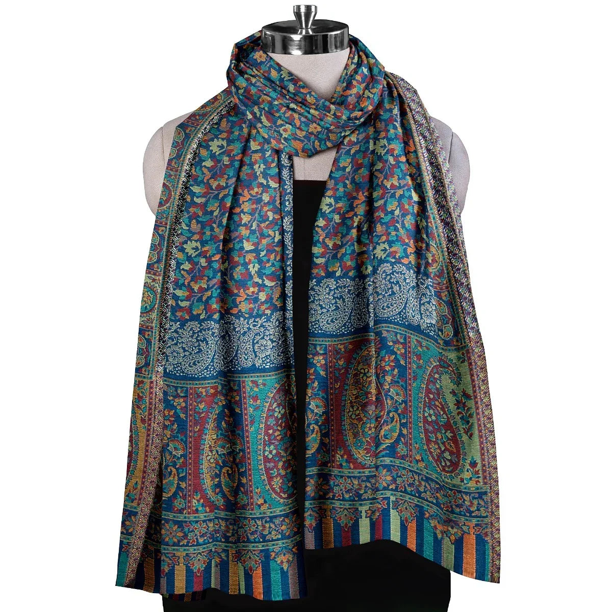 Womens Kani Zari Stole, Navy Blue, Kashmiri Paisley Stole for Women Bamboo Silk Blended, Traditional Weave, Soft and Warm, Perfect Gift For Loved Ones - The Amritsar Store