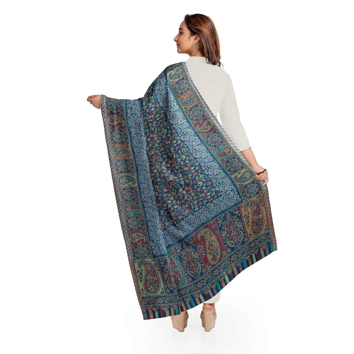 Womens Kani Zari Stole, Navy Blue, Kashmiri Paisley Stole for Women Bamboo Silk Blended, Traditional Weave, Soft and Warm, Perfect Gift For Loved Ones - The Amritsar Store