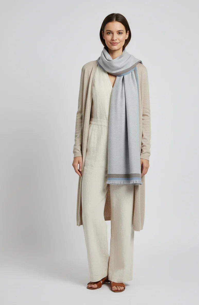 Grey Plaid Scarf with Dual-Tone Border for Men & Women – Soft Lightweight Muffler | The Amritsar Store - The Amritsar Store