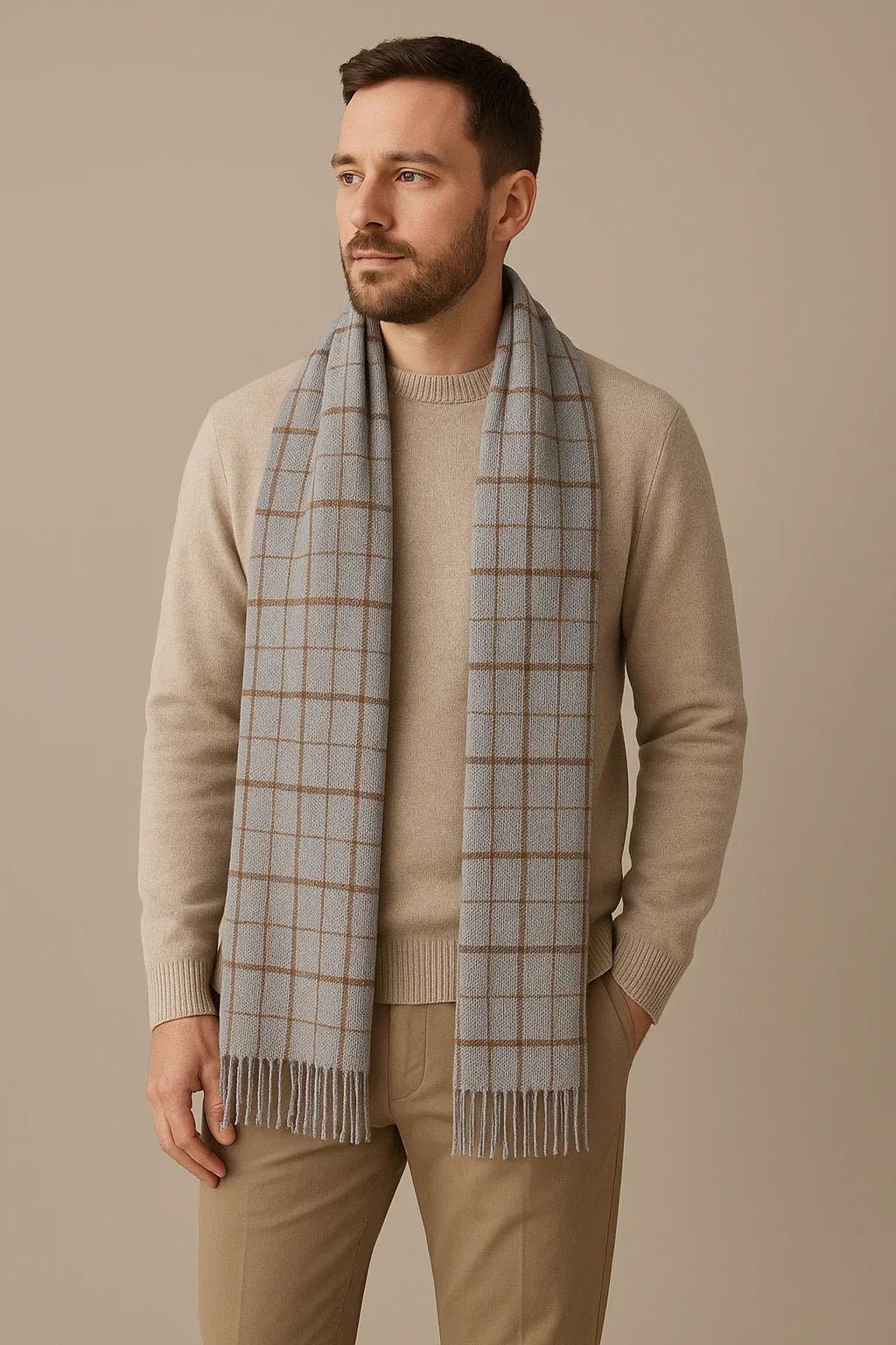 Grey Checkered Scarf for Men & Women – Lightweight Soft Fringe Wrap | The Amritsar Store - The Amritsar Store