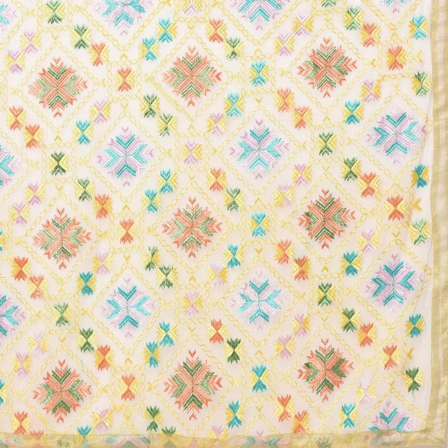 Floral Off-White Phulkari Dupatta With Multicolor Embroidery by The Amritsar Store - The Amritsar Store