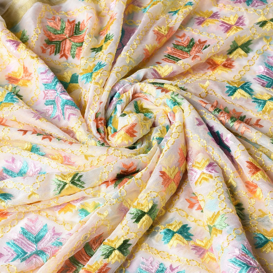 Floral Off-White Phulkari Dupatta With Multicolor Embroidery by The Amritsar Store - The Amritsar Store
