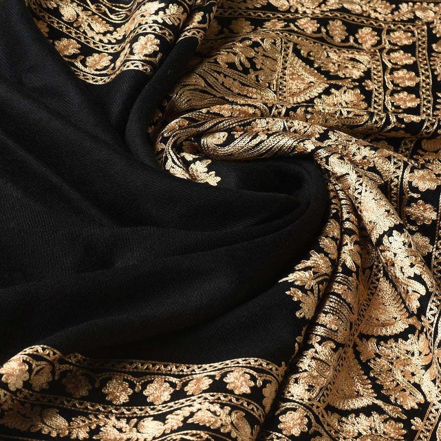 Black Embroidery Shawl With Golden Aari Kashmiri Thread Handmade - The Amritsar Store