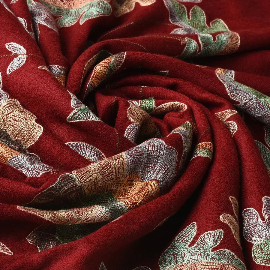 Wedding Kashmir Multicolored Embroidery Pure Wool Shawl With Subtle Colors of Thread Work - The Amritsar Store