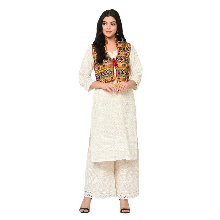 Red Phulkari Kantha Embroidery Multicolor Free Size Jacket with front Tassel - The Amritsar Store