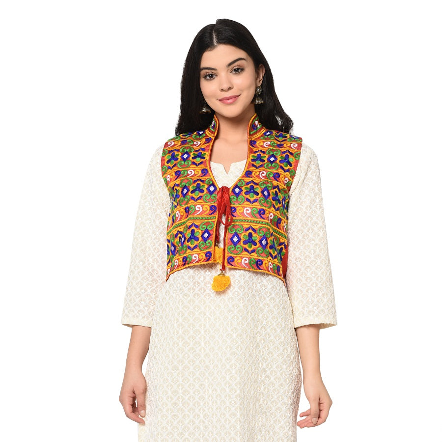 Red Phulkari Kantha Embroidery Multicolor Free Size Jacket with front Tassel - The Amritsar Store