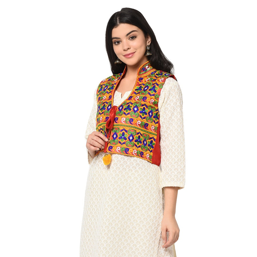 Red Phulkari Kantha Embroidery Multicolor Free Size Jacket with front Tassel - The Amritsar Store