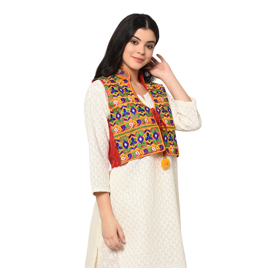 Red Phulkari Kantha Embroidery Multicolor Free Size Jacket with front Tassel - The Amritsar Store
