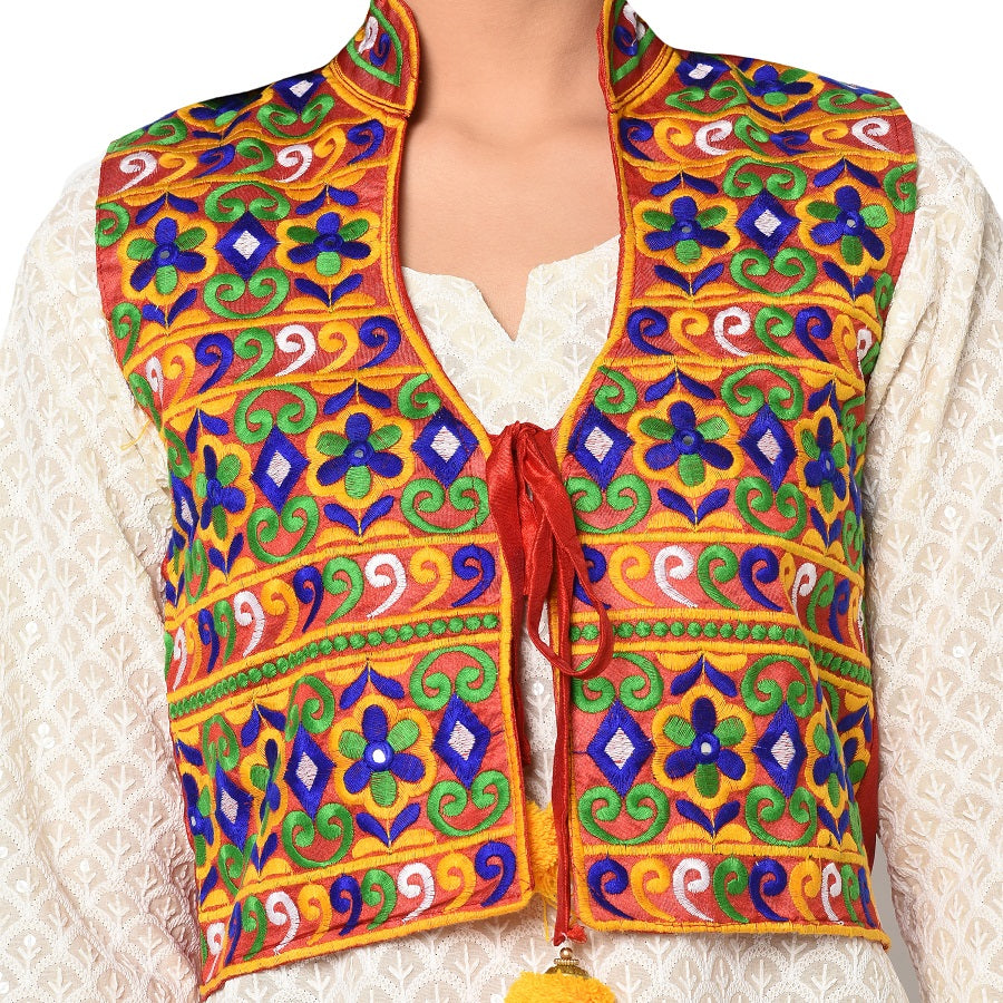 Red Phulkari Kantha Embroidery Multicolor Free Size Jacket with front Tassel - The Amritsar Store