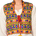 Red Phulkari Kantha Embroidery Multicolor Free Size Jacket with front Tassel - The Amritsar Store