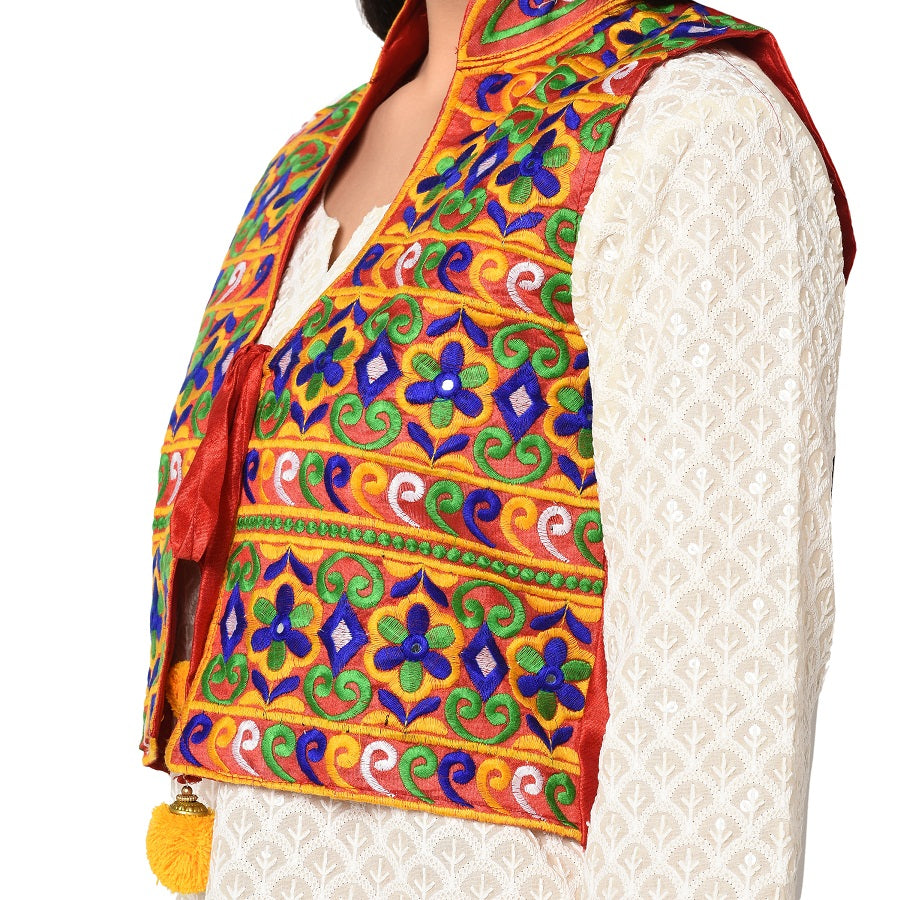 Red Phulkari Kantha Embroidery Multicolor Free Size Jacket with front Tassel - The Amritsar Store