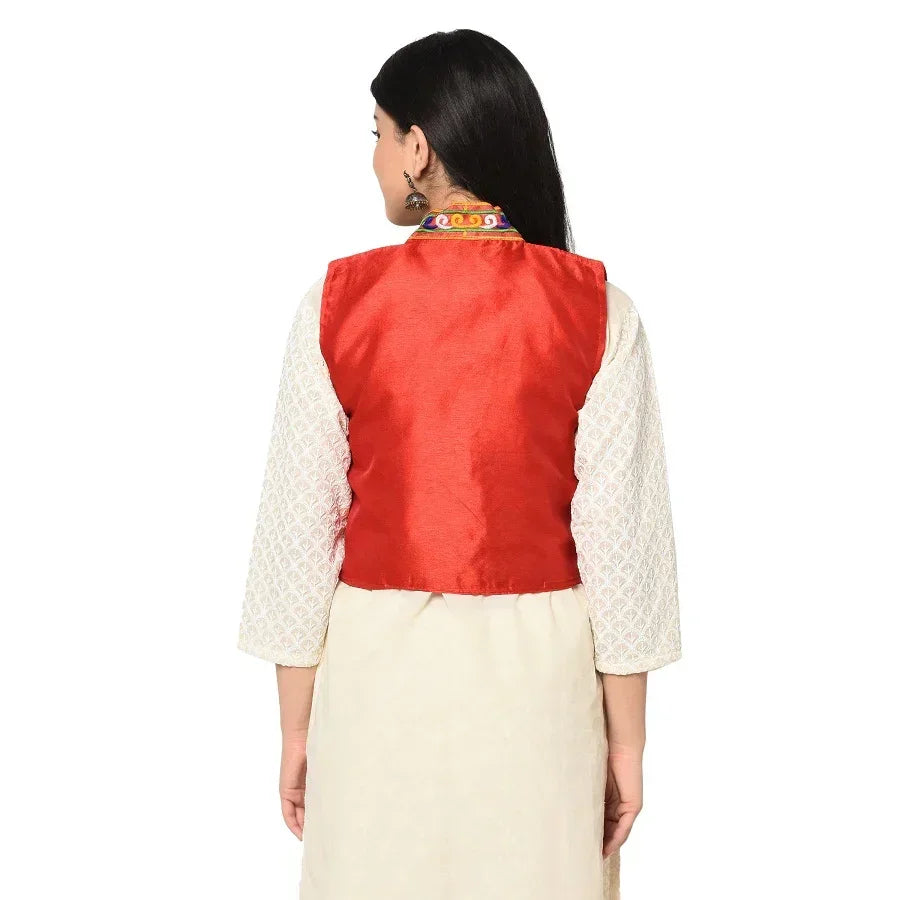 Red Phulkari Kantha Embroidery Multicolor Free Size Jacket with front Tassel - The Amritsar Store