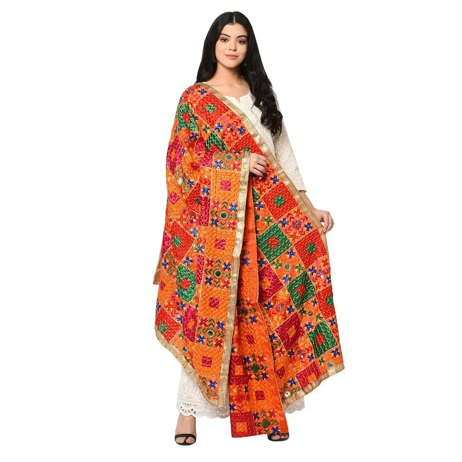 Multicolor Hand Embroidery Phulkari Dupatta with Mirror Work and Gotta Patti by The Amritsar Store - The Amritsar Store