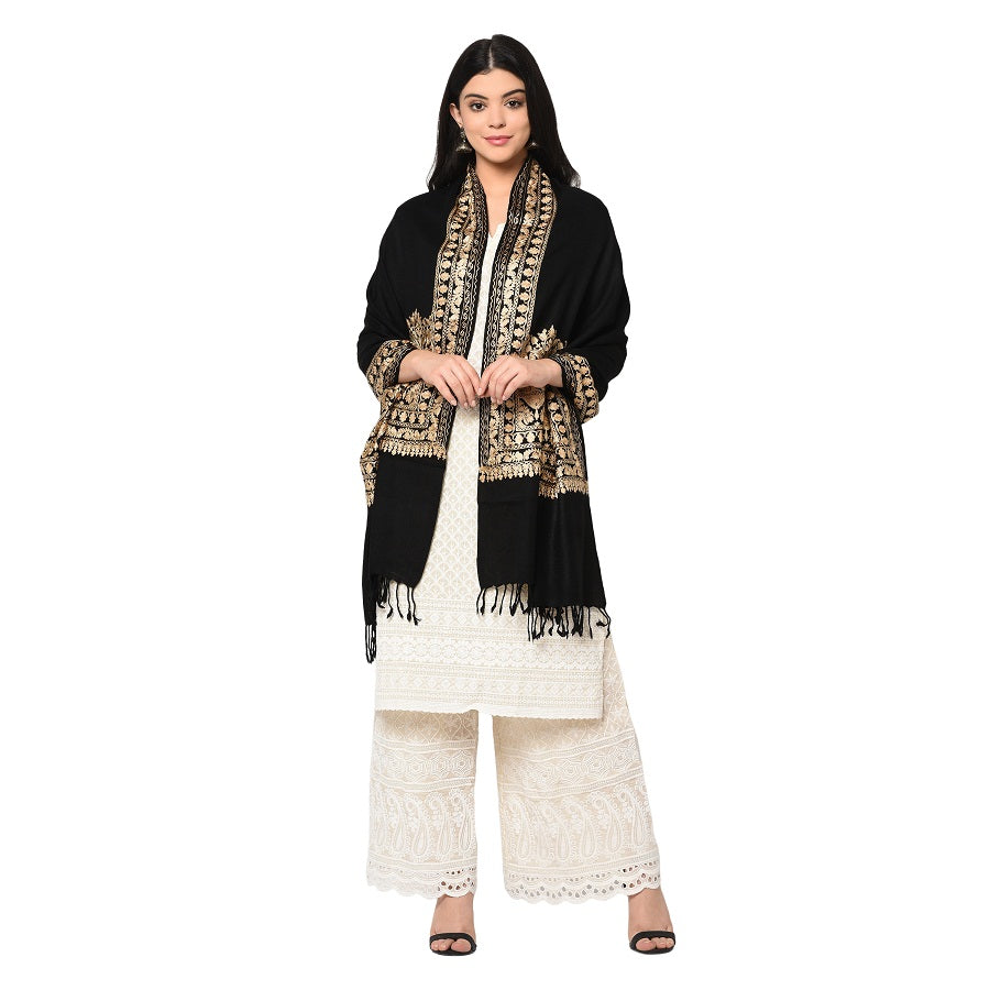 Black Embroidery Shawl With Golden Aari Kashmiri Thread Handmade - The Amritsar Store
