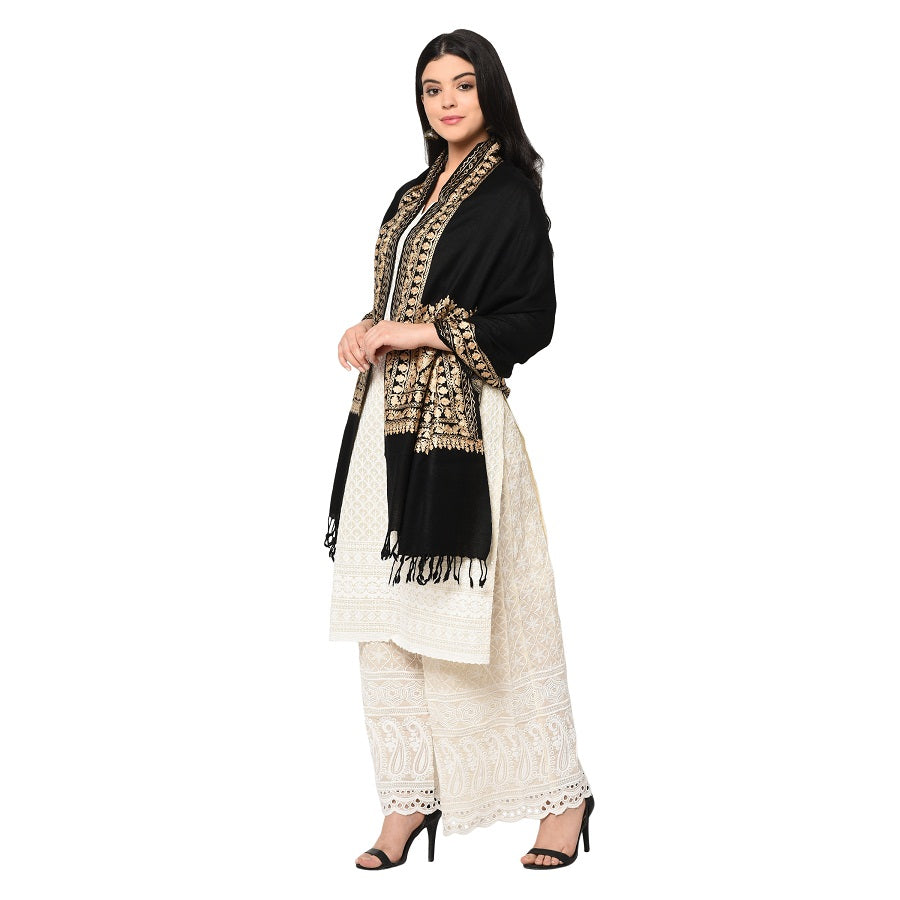 Black Embroidery Shawl With Golden Aari Kashmiri Thread Handmade - The Amritsar Store