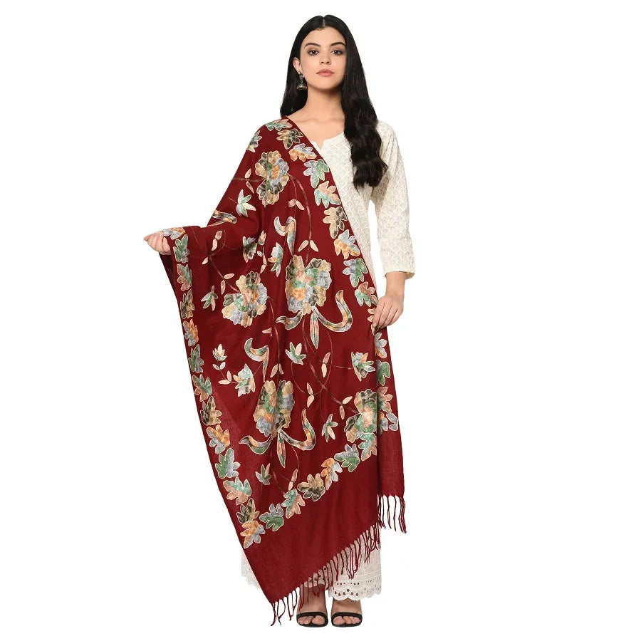 Wedding Kashmir Multicolored Embroidery Pure Wool Shawl With Subtle Colors of Thread Work - The Amritsar Store