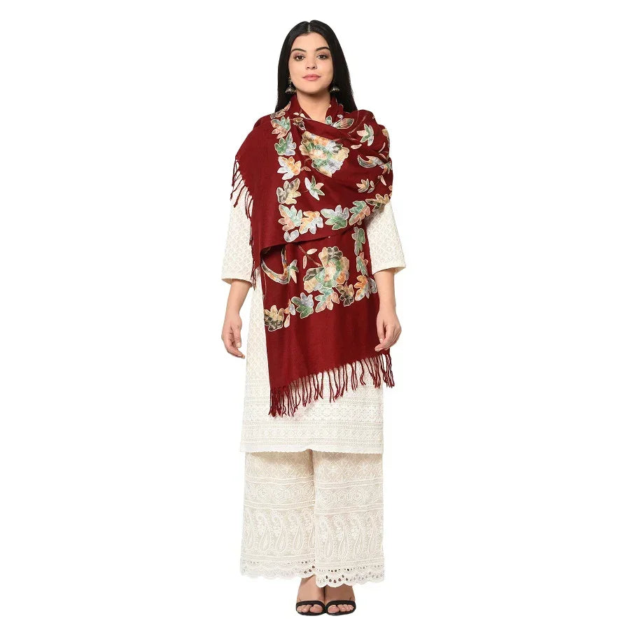Wedding Kashmir Multicolored Embroidery Pure Wool Shawl With Subtle Colors of Thread Work - The Amritsar Store