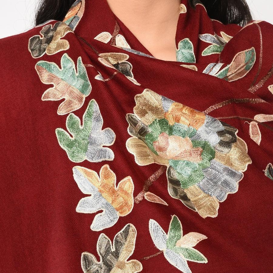 Wedding Kashmir Multicolored Embroidery Pure Wool Shawl With Subtle Colors of Thread Work - The Amritsar Store