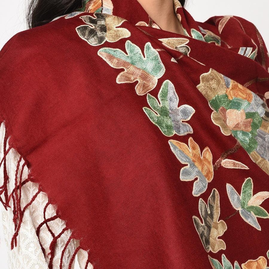 Wedding Kashmir Multicolored Embroidery Pure Wool Shawl With Subtle Colors of Thread Work - The Amritsar Store