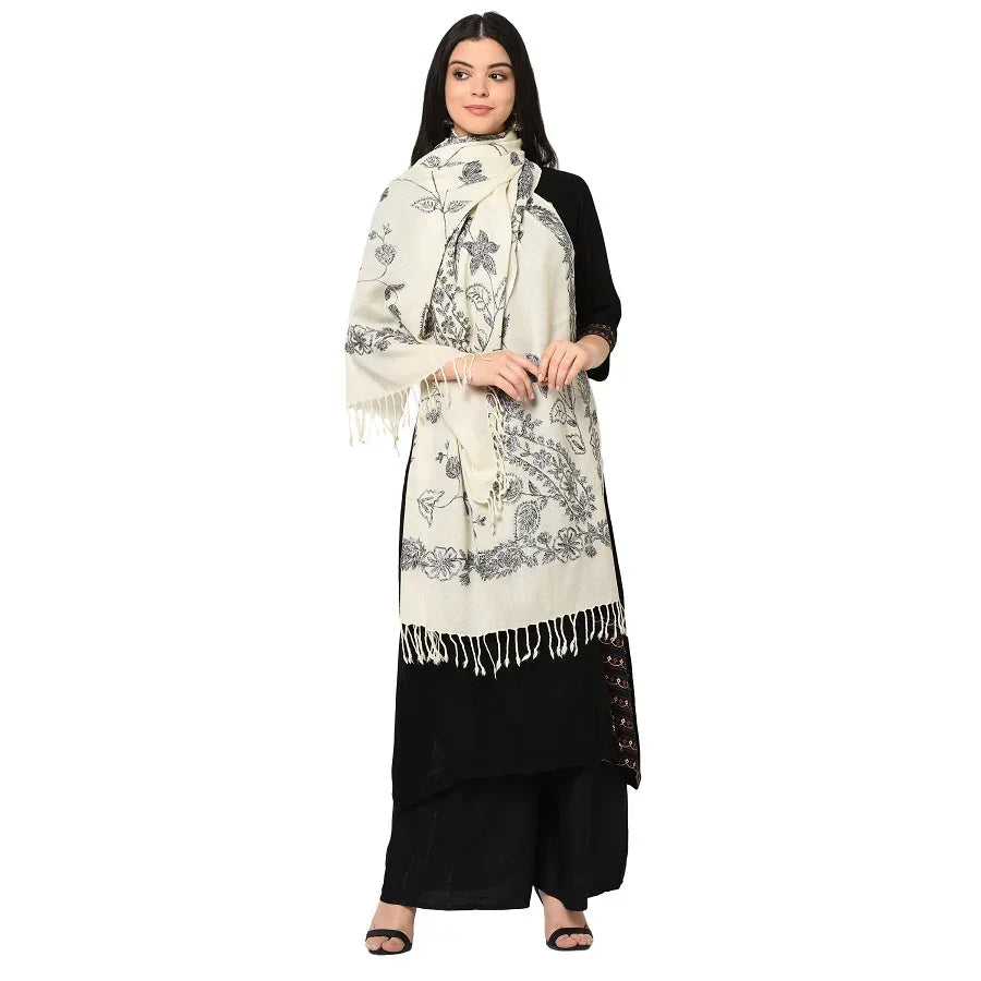 Cream Shawl With Kashmiri Embroidery Aari using White And Black Cotton Thread Handmade - The Amritsar Store